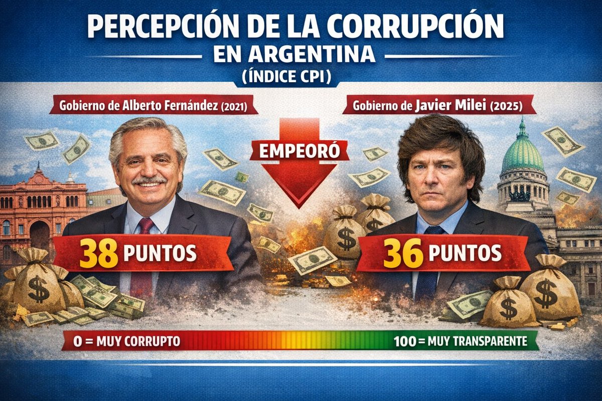 RicBenedetti's tweet image. Difícil ser peor que Alberto Fernández.
Javier Milei lo logró.
Peor puntaje en el Índice de Percepción de la Corrupción luego de dos años de mandato.