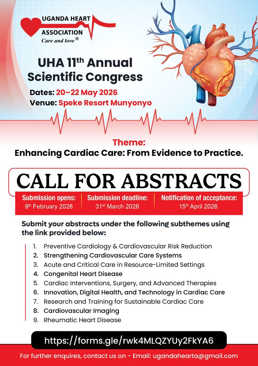 Exciting News!!! Call for Abstracts for the 11th UHA Annual Scientific Congress scheduled for 20th-22nd May, 2026 at  Speke Resort Munyonyo

Abstract Submission link: forms.gle/rwk4MLQZYUy2Fk…

📆Deadline for abstracts submission 31st March, 2026