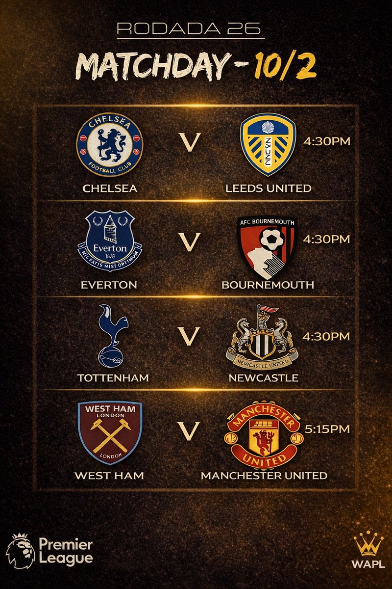 WeArePLeague's tweet image. ◉ Premier League • Rodada 26 

Matchday 

Toda rodada será disputada nesse meio de semana, e para começar hoje teremos 4 jogos. 

E diz aí, será que o "maluco" lá vai finalmente cortar seu cabelo ou o West Ham não vai deixar? 😎 

#PremierLeague 

#WAPL