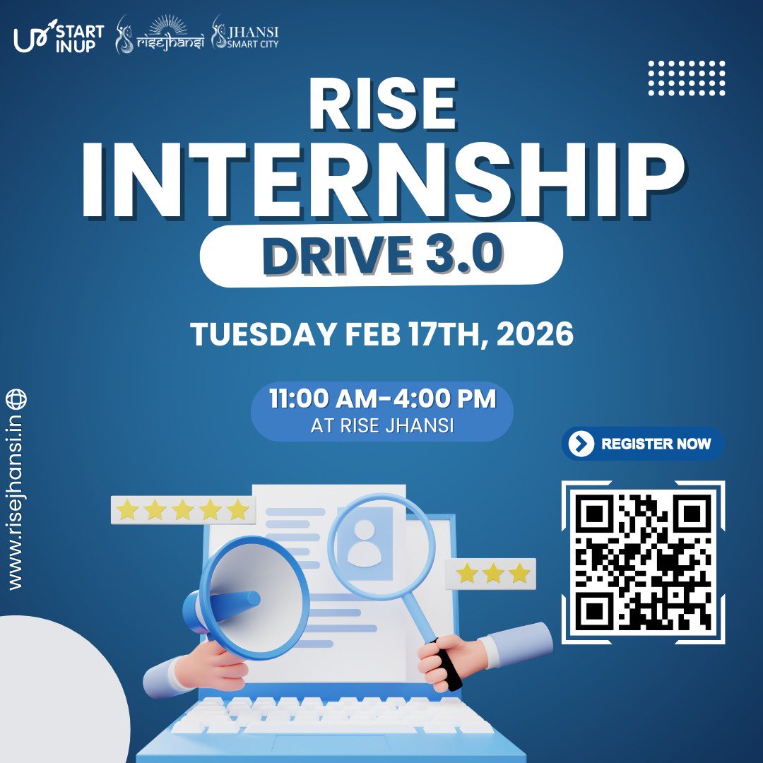 RiseJhansi's tweet photo. 🚀 RISE INTERNSHIP DRIVE 3.0
🗓 Feb 17th, 2026 | ⏰ 11 AM – 4 PM
📍 RISE Jhansi
Connect with startups and gain real-world experience. Register now:
https://t.co/Mgo1ohygX9
#RISEJhansi #InternshipDrive #Innovation #IMGlobal #incubationmasters https://t.co/FuWxVH9gIz