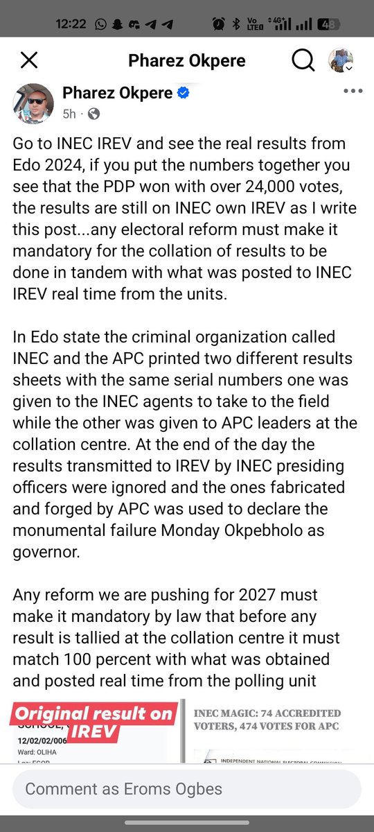 Go to INEC IREV and check Edo 2024 yourself. When you add the polling unit results uploaded in real time, PDP won by over 24,000 votes. Those results are still on INEC’s own platform.

What happened? INEC &amp; APC allegedly printed two result sheets with the same serial numbers —