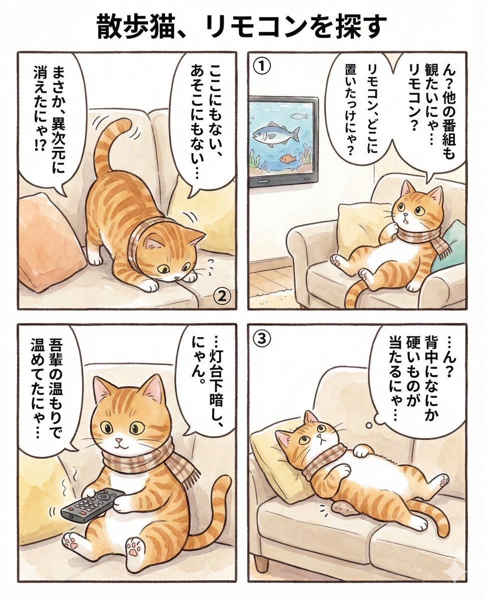 sanponecomics's tweet photo. 『散歩猫、リモコンを探す』
#散歩猫 No.76
#4コマ漫画  #GoogleGemini 🍌 https://t.co/UIwiNeWonu