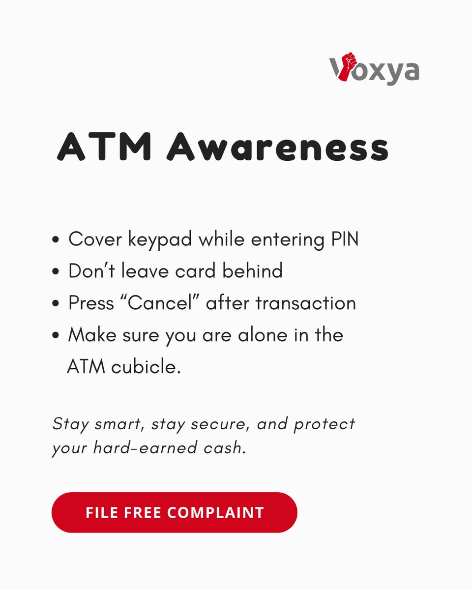 voxya_'s tweet photo. ATM safety matters! 
✔️ Cover PIN
✔️ Collect card
✔️ Press “Cancel”

Faced ATM fraud or bank delay?

File your complaint here: https://t.co/jAlpgtrxlN

#ATMAwareness #ConsumerRights #BankingSafety #ATMFraud #Voxya #FileAComplaint https://t.co/3M5NBilGOi