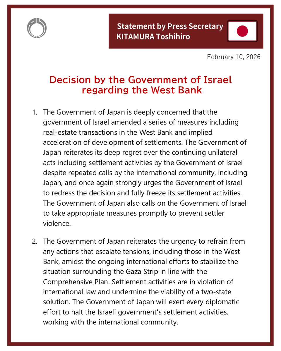 MofaJapan_en's tweet photo. Press Secretary KITAMURA Toshihiro issued the following statement on Decision by the Government of #Israel regarding the West Bank. @PressSec_MofaJP 

https://t.co/32Z7JxOPTu https://t.co/WUYB7VyPpf