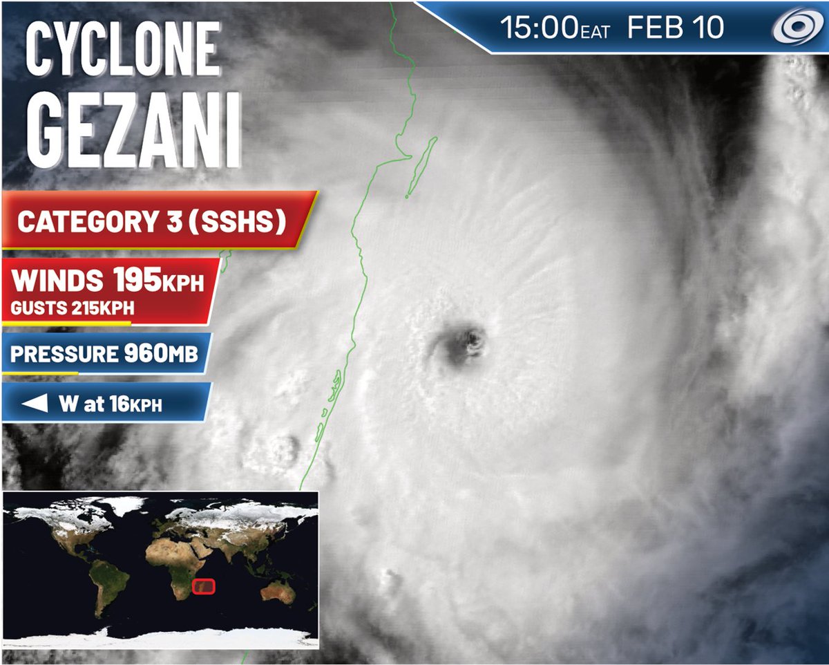 Cyclone Gezani on a collision course today with the city of Toamasina in Madagascar. The storm has continued to intensify, and is now a Category 3 on the Saffir Simpson Scale. Major impacts likely later this evening as the storm makes landfall.