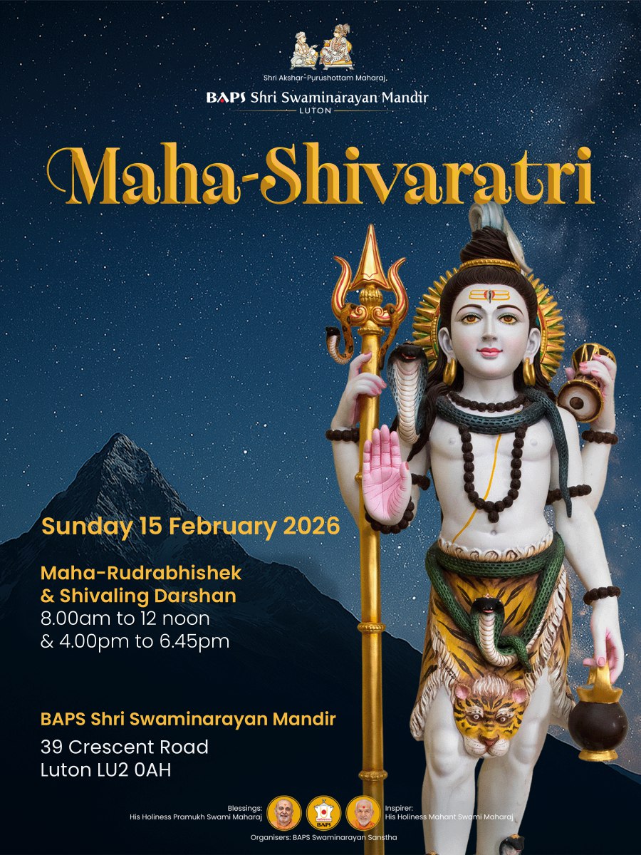 #BAPSLuton warmly invites you, your family and friends, to celebrate the auspicious Hindu festival of Maha-Shivaratri, which will include Maha-Rudrabhishek and Shivaling darshan.