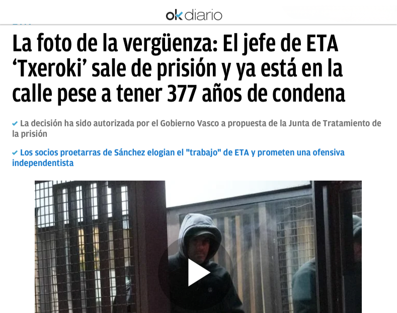 Mtelladof's tweet photo. Hoy en España, gracias al PSOE y su pacto con Bildu, un terrorista sanguinario condenado a 400 años de cárcel por sus asesinatos, puede pasear tranquilamente por la calles de su tierra.

Una libertad que él negó a sus víctimas a tiros. De todas las corrupciones en las que ha incurrido Sánchez, esta es la más dolorosa y la más miserable.