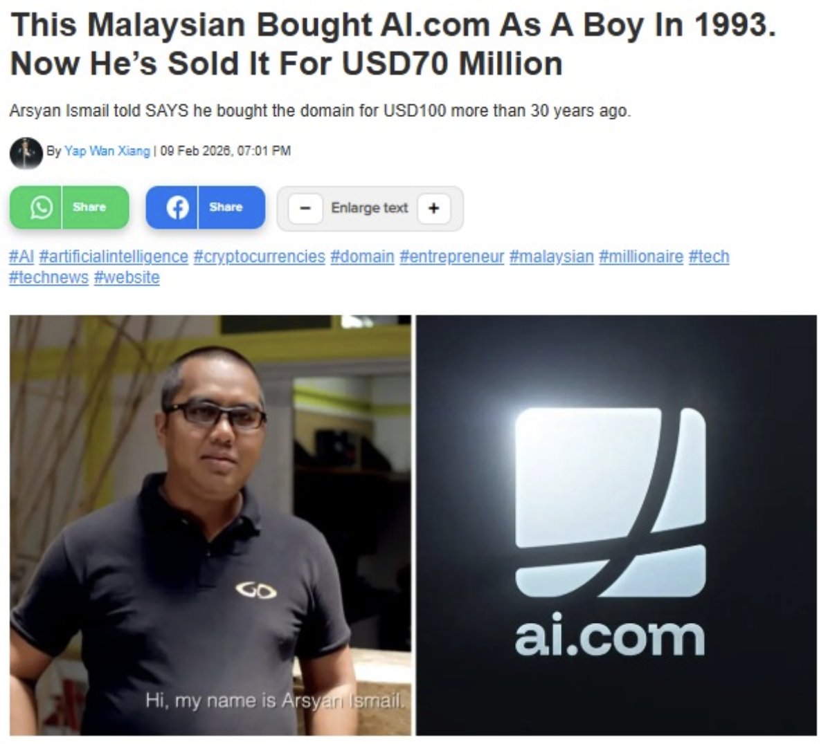 You're telling me this guys bought AI dot com 30years ago and locked in generational wealth because AI was his initials?

Balls of steal tho, holding it for 30 years!