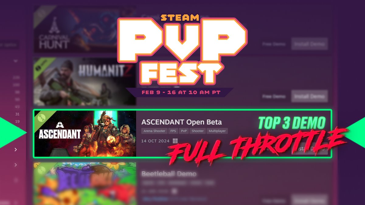 BWOOOOOAH!!! 🔥

Ascendants - you absolute LEGENDS!

Thanks to YOUR chaos-fueled support, we're currently #3 in <a href="/Steam/">Steam</a>'s PvP Fest Top Demos. Still pinching ourselves (and reloading).

#ASCENDANT #SteamPvPFest #FPS #Multiplayer #Gaming
