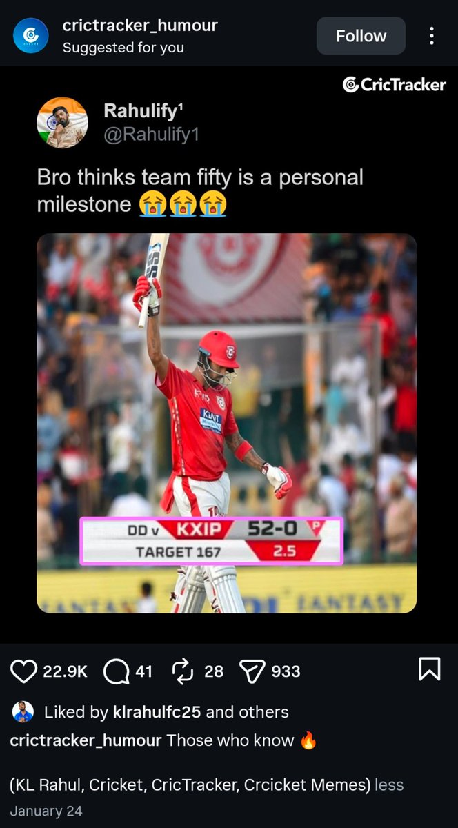 Nah man, I can't believe this. 😭😭

The official page of CricTracker posted my tweet on Instagram.🐐