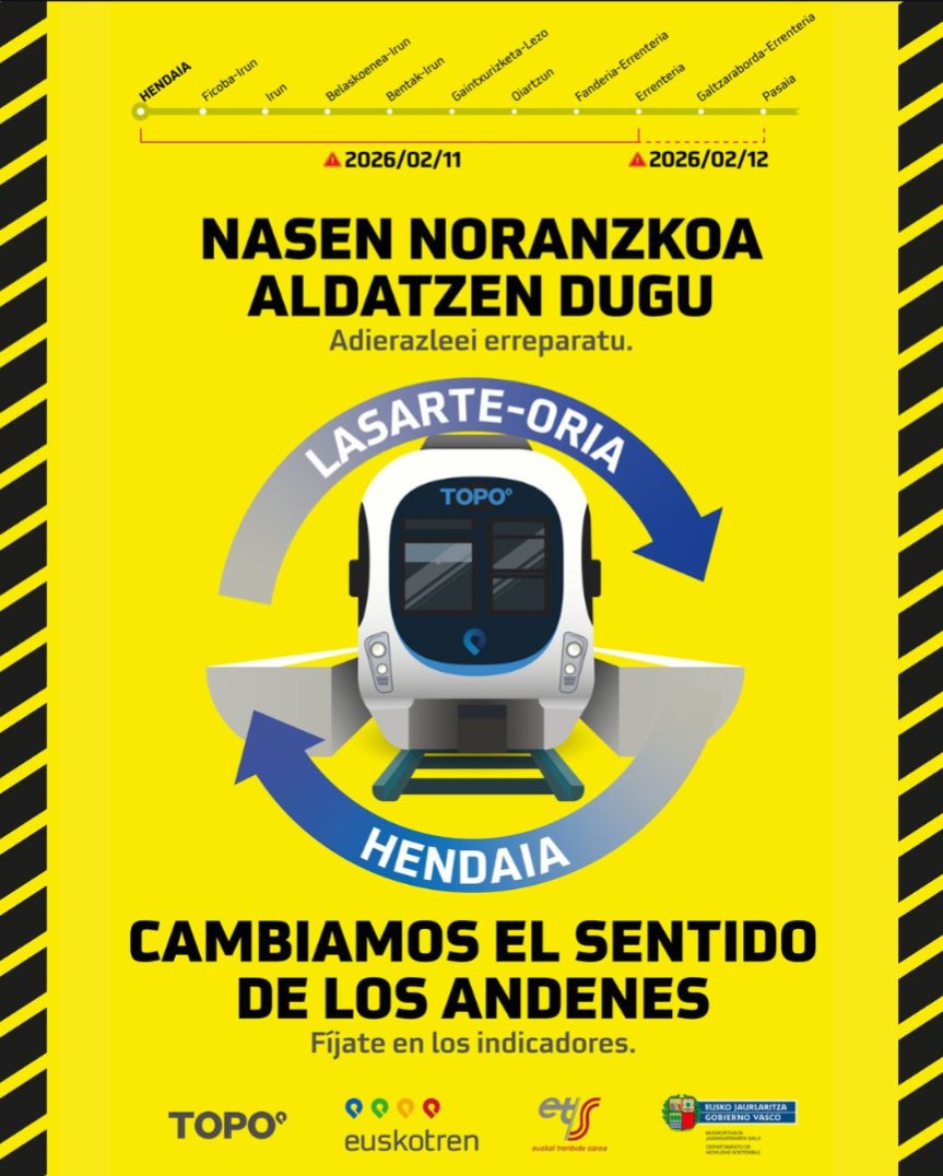 ↔️ Mañana <a href="/ETS_RFV/">Euskal Trenbide Sarea - Red Ferroviaria Vasca</a> y <a href="/euskotren/">Euskotren</a> modifican el sentido de la marcha de los trenes entre Hendaia y Pasaia del Topo, pasando de la derecha a la izquierda.

Este cambio es necesario para conectar la línea de la Kosta con la del Topo antes de la apertura de la variante de #Donostia.