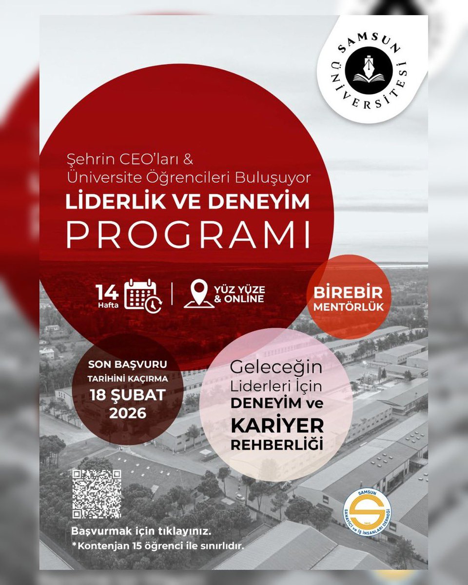 Samukargep's tweet photo. 🎯 Geleceğin liderleri için deneyim ve kariyer rehberliği!

Samsun Üniversitesi &amp; SAMSİAD iş birliğiyle Liderlik ve Deneyim Programı başvuruları başladı.

✔ 14 Hafta
✔ Birebir mentörlük
✔ Yüz yüze &amp; online

📌 Son Başvuru: 18.02.2026
🔗 https://t.co/1Ccay69bEH https://t.co/1eTIZqKnBB