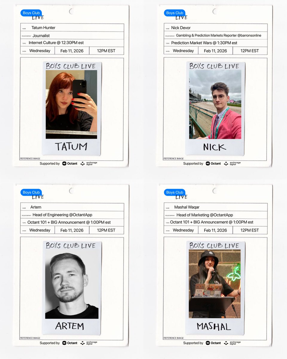 BoysClubWorld's tweet image. TOMORROW'S HOT GUESTS:
@Tatum_Hunter_ 
@art_tem_ 
@arlery 
@nickdevor_ 

TOMORROW'S HOT TOPICS:
@OctantApp's big announcement, prediction market wars, and internet culture