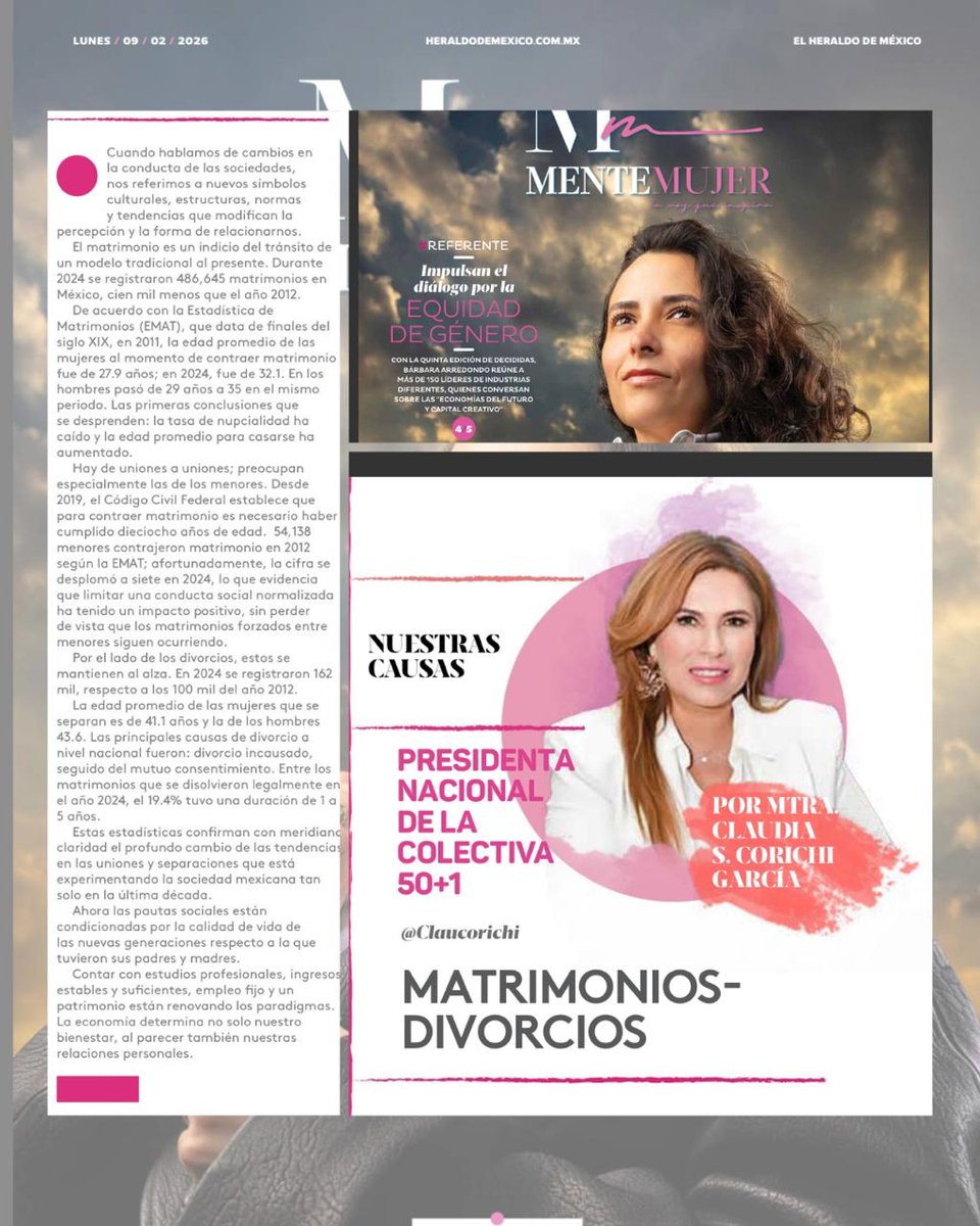 Les comparto mi columna de este lunes a través de #MenteMujer para el periódico <a href="/heraldodemexico/">El Heraldo de México</a>, donde habló sobre "Matrimonios-Divorcios"; este es un análisis de la sociedad sobre las estadísticas que confirman el profundo cambio de las tendencias entre unión y separación que