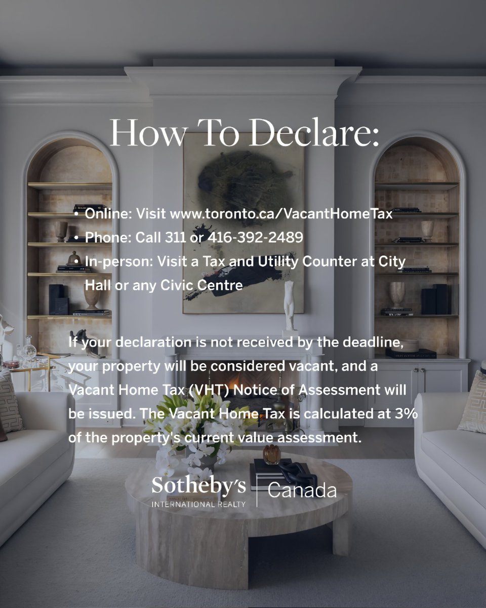 RomanowskiBri's tweet photo. Friendly reminder for Toronto homeowners. 

Vacant Home Tax declarations for 2025 are now open — and everyone must file, even if you live in your home full-time.

🗓 Deadline: April 30, 2026 https://t.co/61smoXgMDi