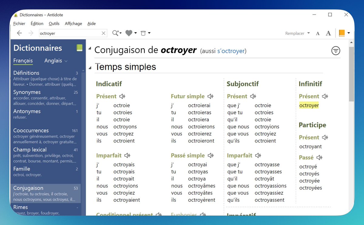 Mysoft_Fr's tweet image. Courriels, rapports, notes internes : la précision linguistique reste un marqueur de crédibilité.
Avec le conjugueur intégré aux dictionnaires d’ #Antidote, un doute sur une forme verbale se résout en un clic, même sur des verbes complexes.
buff.ly/GKCGk0y 
#Productivité