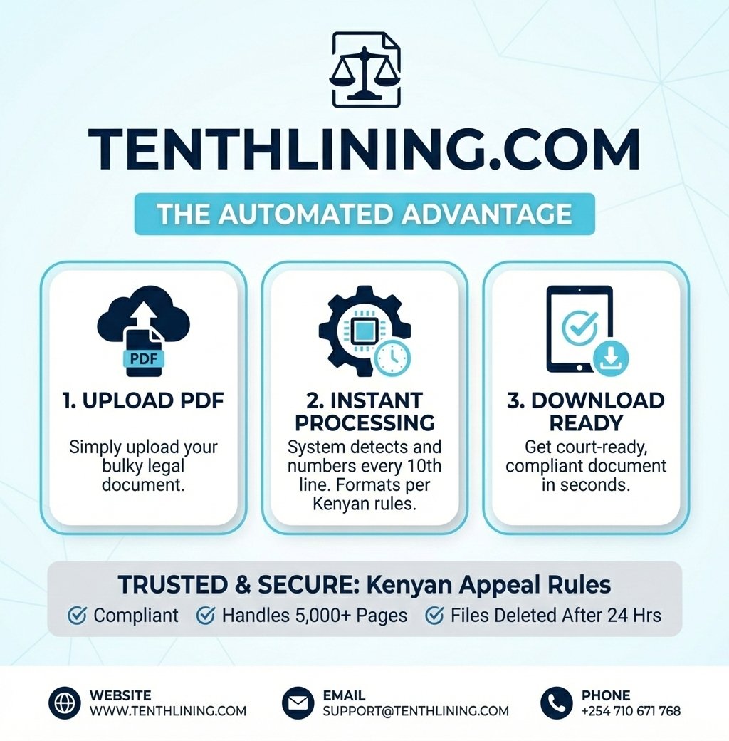 TenthLining_Ke's tweet photo. Lawyers spend too much time formatting documents…
Tenthlining fixes that.
Upload your PDF.
Get clean, editable output.
Draft faster. Win more

visit https://t.co/1makTv7Tng
@NjiruAdv
@ahmednasirlaw
@FaithOdhiambo8
@LawSocietyofKe
@MutandaLaw
@CJMarthaKoome
@ArnoldOginga https://t.co/qFczH4yvJ9
