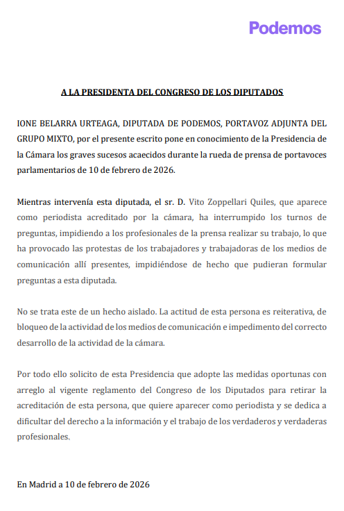 rtvenoticias's tweet image. 🔴 Podemos pide a la Presidencia del Congreso de los Diputados, que retire la acreditación a Vito Quiles para que no pueda acceder a las ruedas de prensa. 

En un comunicado, la formación morada asegura que "se dedica a dificultar el derecho a la información".…