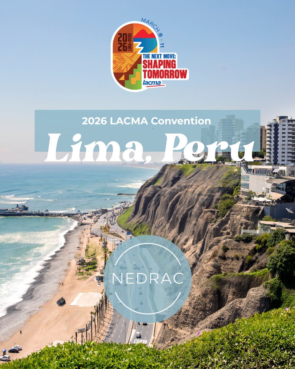nedracinc's tweet photo. Lima, here we come! 🇵🇪 NEDRAC will be attending the 2026 LACMA Convention March 8-11.

We're excited to reconnect with partners, build new relationships, and co-sponsor the TECHO CSR activity and LACMANext Party. Looking forward to a great week in Peru. See you soon! https://t.co/ZfrxD6PqzM