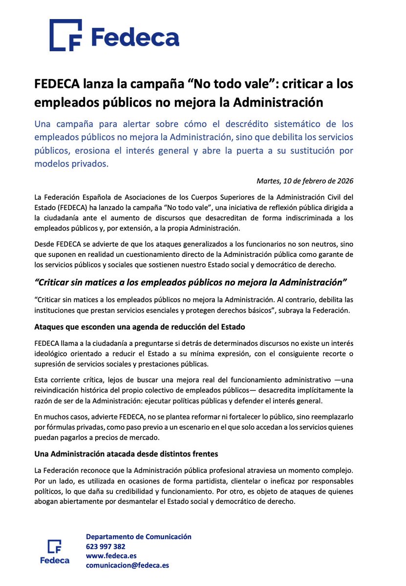 ❌ Criticar indiscriminadamente a los empleados públicos no mejora la Administración.

Desde FEDECA lanzamos la campaña #NoTodoVale para defender una Administración profesional al servicio del interés general.

🔗 Nota de prensa en nuestra web: fedeca.es