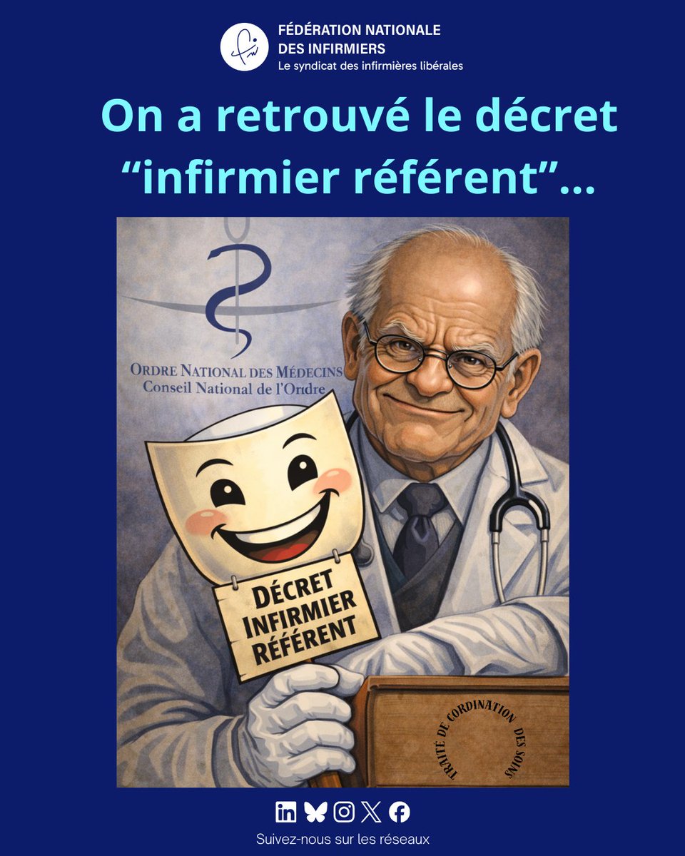 FNIofficiel's tweet photo. 🔎 On l’a retrouvé. Enfin.
Après plusieurs mois de disparition, le projet de décret “infirmier référent” refait surface.
La FNI a été conviée le 9 février à une réunion de concertation par la Direction de la Sécurité Sociale.

➡️ Ce projet de texte a également été présenté pour avis au Conseil National de l’Ordre des Médecins et aux syndicats représentatifs des médecins.
➡️ Il devra prochainement être soumis au Haut Conseil des Professions Paramédicales.

⚠️ La FNI sera d’une vigilance extrême sur le libellé final du décret.
Car derrière les mots se joue une question essentielle :
👉 une véritable reconnaissance du rôle de l’infirmier référent
ou
👉 une coordination des soins sous contrainte et subordination.

Les infirmières et infirmiers libéraux attendent un texte clair, ambitieux et respectueux de leurs compétences, au service des patients et des parcours de soins.
📢 Nous ne lâcherons rien.
#IDEL #FNI #InfirmierRéférent #Reconnaissance #CoordinationDesSoins #InfirmiersLibéraux