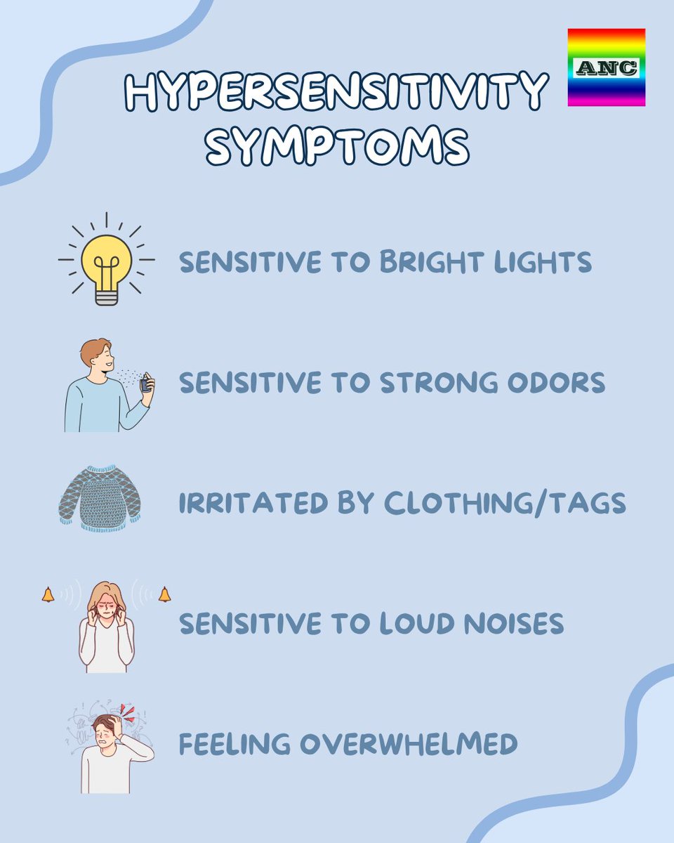 bubblecreati0ns's tweet photo. Hypersensitivity Symptoms 💥

Sensitivities can be triggered by both physical and emotional stimuli.

Here are some symptoms of hypersensitivity ⬇️

Follow us for more neurodiversity information and support!

#autismawareness #adhdawareness #neurodiversity https://t.co/VtixcCEHmf
