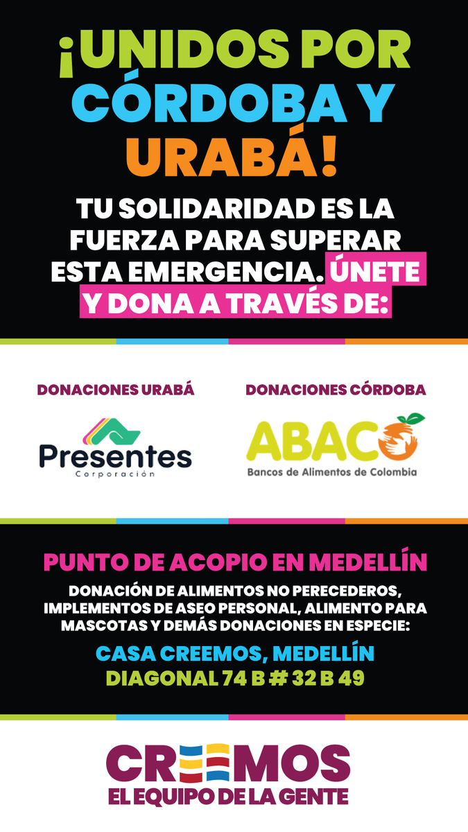 ¡Nuestras regiones nos necesitan! 🇨🇴

Las fuertes inundaciones en Urabá y Córdoba han dejado a cientos de familias en una situación crítica. Somos el Equipo de la Gente y es en estos momentos donde nuestra unión debe transformarse en ayuda real.

¡Súmate a esta causa! <a href="/Abacocol/">AbacoCol</a>