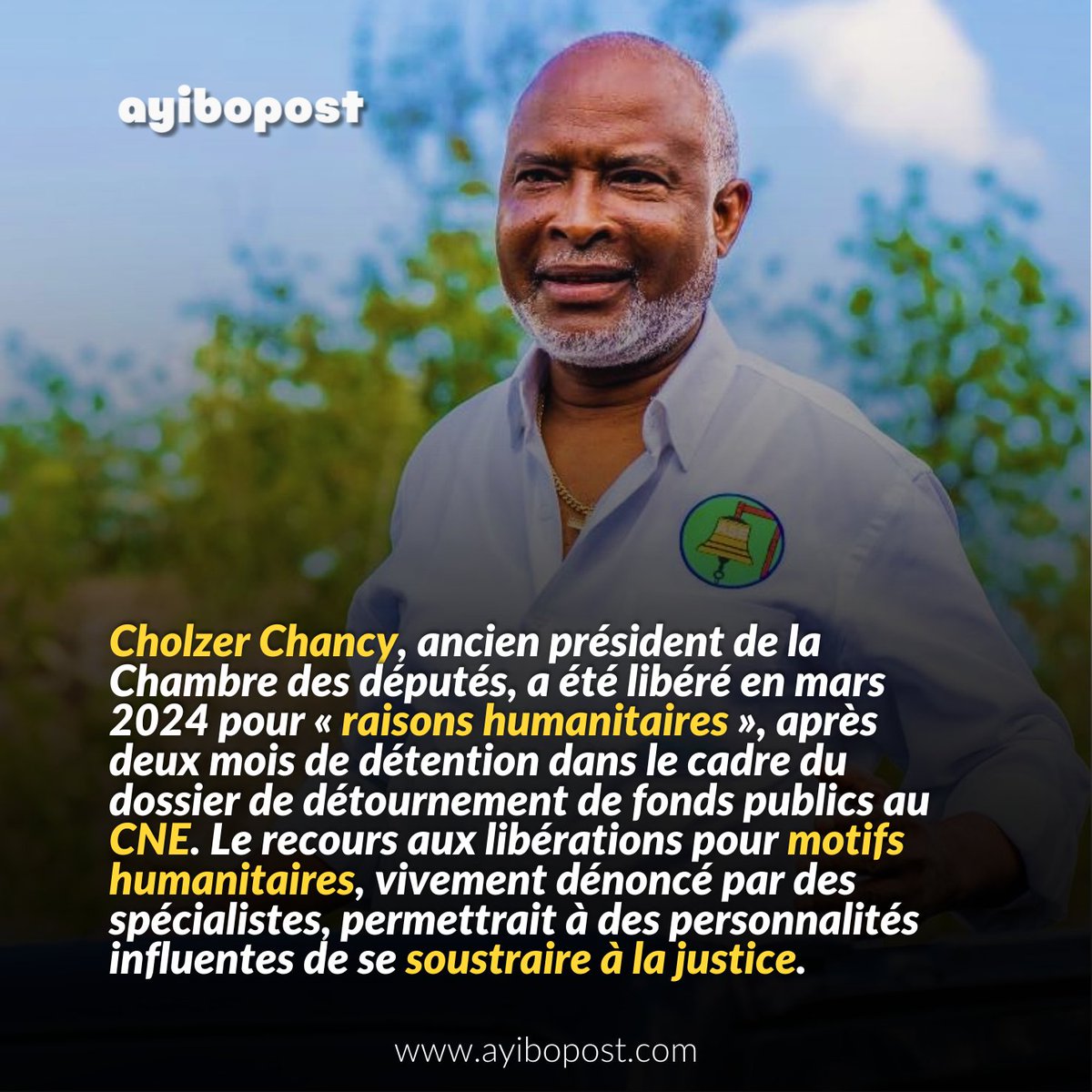 Cholzer Chancy, ancien président de la Chambre des députés en 2016, a recouvré sa liberté pour « raisons humanitaires » le 27 mars 2024, après deux mois de détention, après avoir été entendu par le juge Merlan Bélabre dans le dossier de détournements de biens publics au Centre