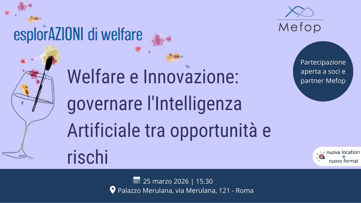 MEFOP's tweet image. 🗓️Il 25 marzo 2026 avrà luogo il primo degli eventi del nuovo format Mefop: esplorAzioni di Welfare.

Il seminario verterà sulla presentazione dei risultati di un’indagine Mefop sull’impiego dell’IA nel welfare. 

🎨Visite guidate al termine dei lavori mefop.it/news/appuntame…
