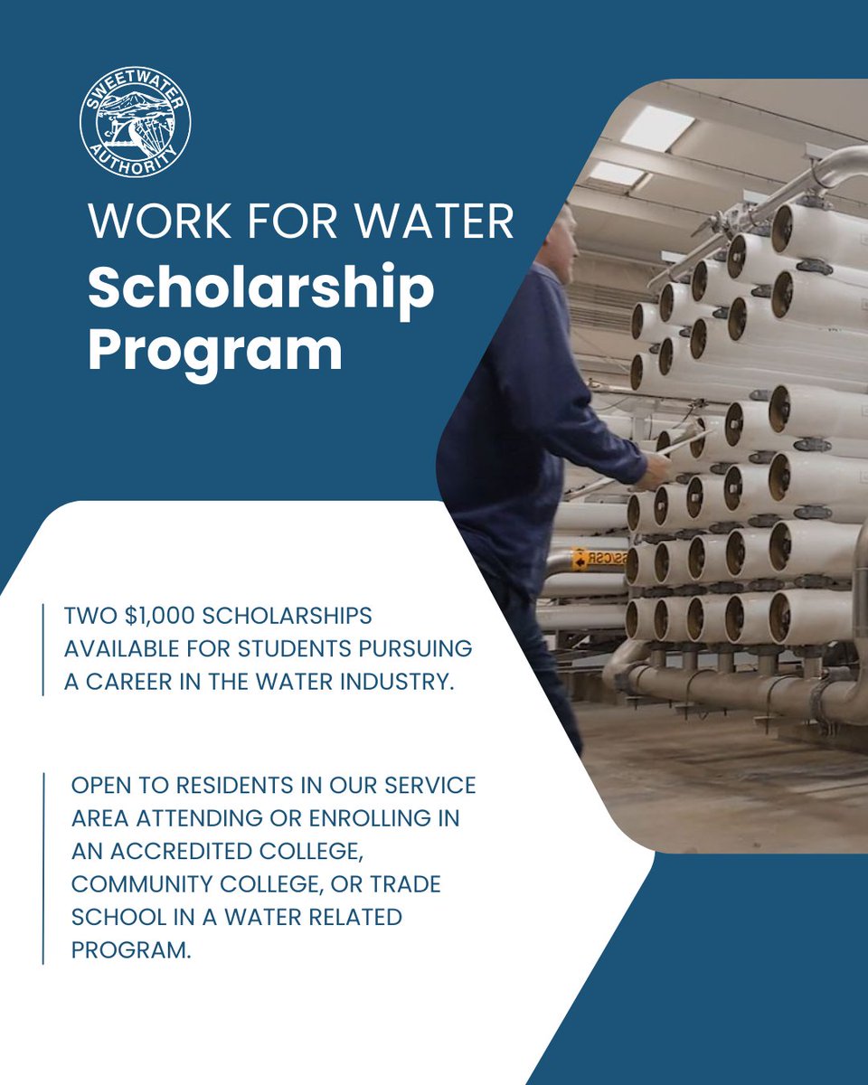 💧 Build a Career That Matters 💧
Sweetwater Authority’s Work for Water Scholarship is awarding two $1,000 scholarships to students pursuing careers in the water industry. 

📅 Apply by July 31, 2026
📍 Must live in Sweetwater Authority’s service area