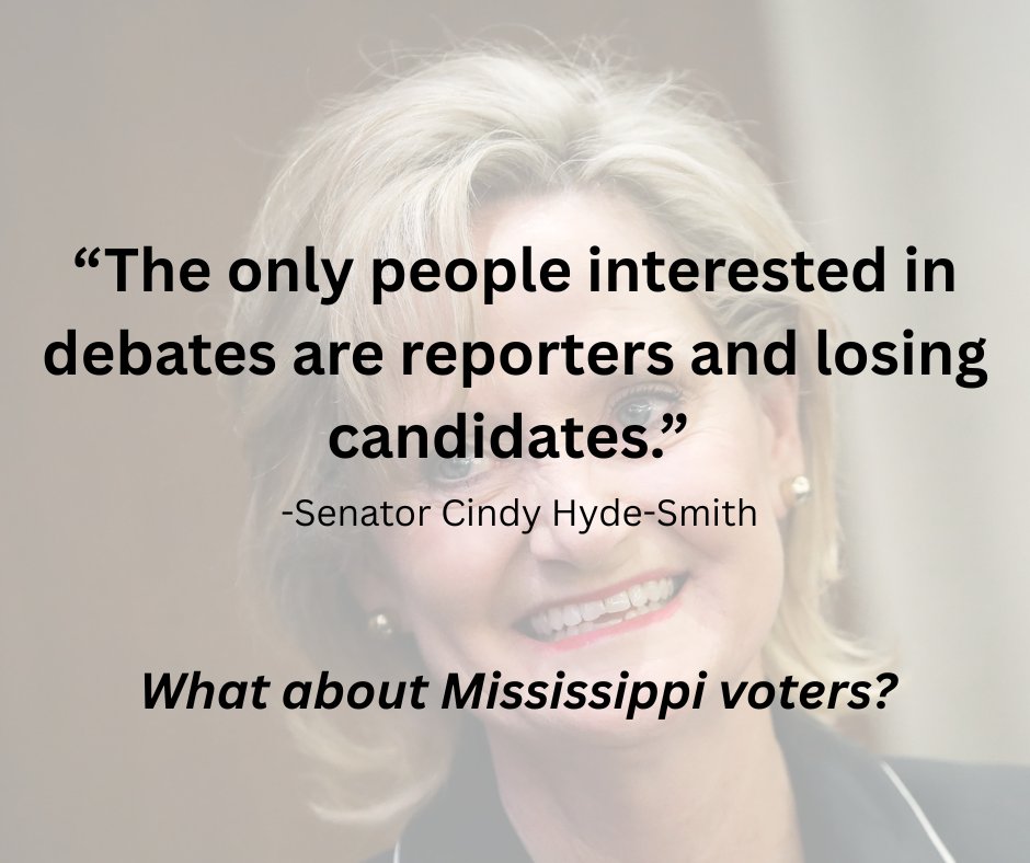 SarahAdlakha's tweet photo. Senator Hyde-Smith once said, “The only people interested in debates are reporters and losing candidates.”

I disagree.

Voters deserve debates.
They deserve answers.
They deserve to see candidates stand up, explain their records, and defend their votes.

I’ve formally challenged Senator Hyde-Smith to a debate.
We sent a certified letter.
There has been no response.
Mississippians deserve better than silence.

This campaign isn’t about insiders or political comfort. It’s about accountability.
I’ll show up. I’ll answer questions. I’ll debate anywhere, anytime, in front of the people we’re asking to serve.

Because Mississippi voters matter.
