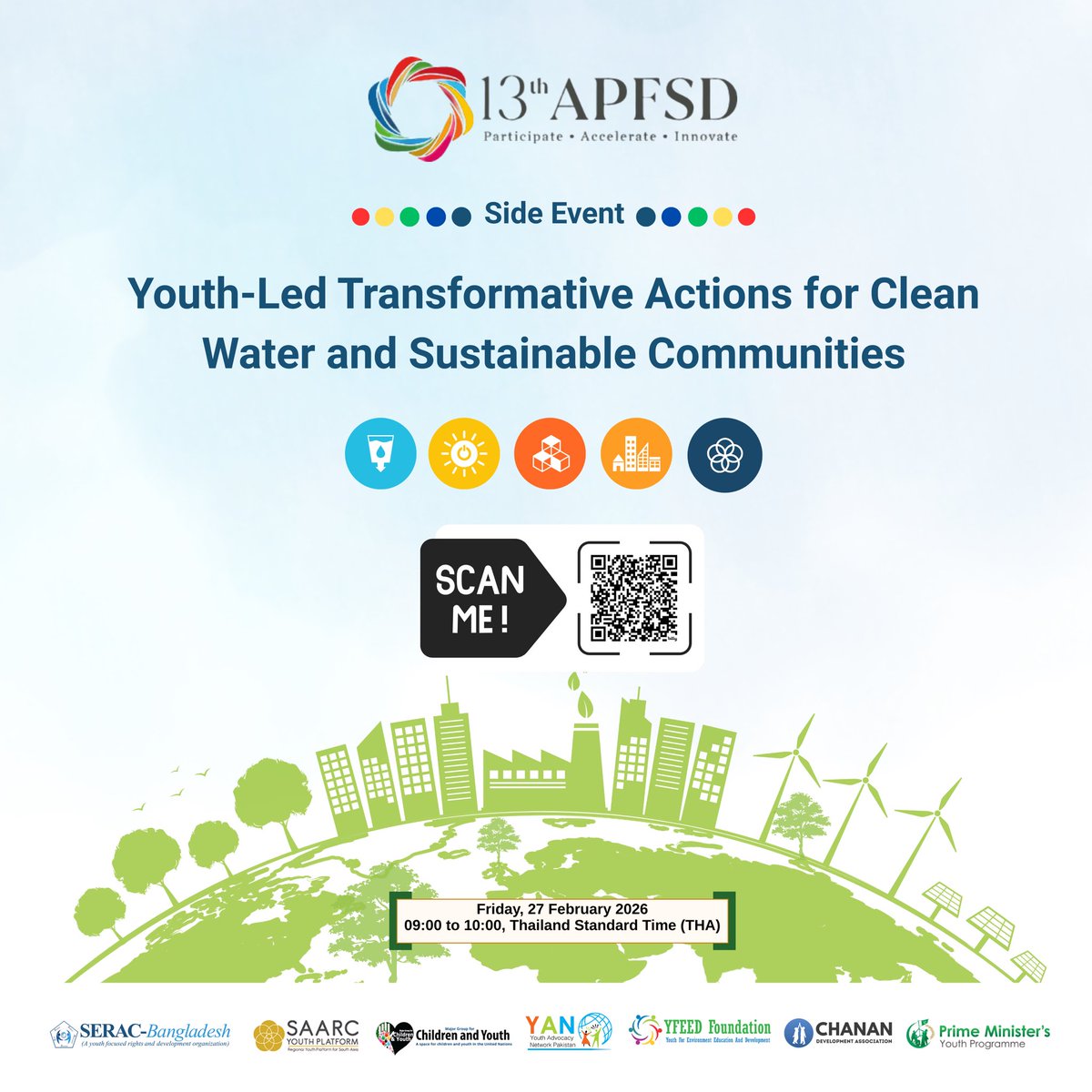 We’re co-organizing another side event at #13thAPFSD: “Youth‑Led Transformative Actions for Clean Water &amp; Sustainable Communities”!
Feb 27, 2026 | 9:00-10:00 AM (THA)
🔗 Register: bit.ly/cleanwatersust… or scan QR code. #YAN4SDGs #APFSD2026
