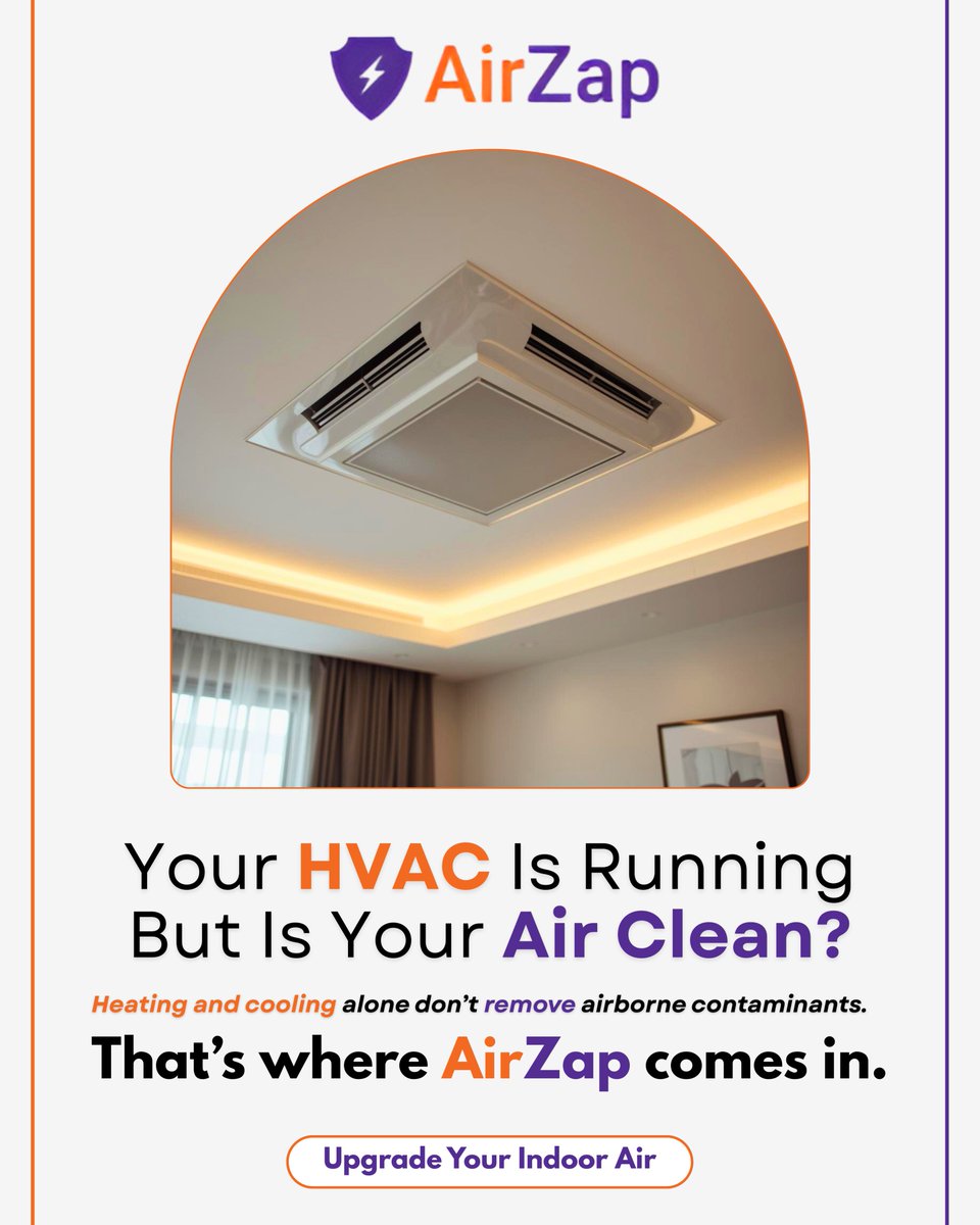 Airzapp's tweet photo. Your HVAC is running but is your air clean?

Heating and cooling alone don’t remove airborne contaminants. That’s where AirZap helps improve indoor air quality.

https://t.co/ajjli0w36l
#IndoorAirQuality #CleanAir https://t.co/yCWkbUuP1K