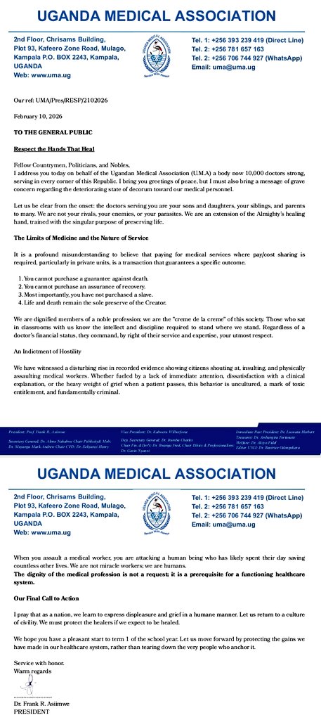A reminder.,Loud and clear!
<a href="/rkalyes1/">Robert Kalyesubula,MD, FISN(USA), PhD-FRCP(London)</a> <a href="/DrOribaDan/">Dr. Oriba Dan Langoya</a> <a href="/NewtonAllan6/">ALTON 🩺</a> <a href="/williammusoki/">𝐖𝐢𝐥𝐥𝐢𝐚𝐦 𝐌𝐮𝐬𝐨𝐤𝐢 𝐌.𝐃 🇺🇬</a> <a href="/nbstv/">NBS Television</a> <a href="/ntvuganda/">NTV UGANDA</a> <a href="/karothk256/">Kasese's Finest 🇺🇬</a> <a href="/SpireJim/">Jim Spire Ssentongo</a> <a href="/DrOtileUg/">Jacob Otile, MD</a> <a href="/ASOU_Official/">Association of Surgeons of Uganda (ASOU)</a> <a href="/AnesthesiaUg/">Association of Anesthesiologists of Uganda</a> <a href="/UgandaPhysician/">Association of Physicians of Uganda</a> <a href="/KenyaMedics_KMA/">Kenya Medical Association</a> <a href="/KarisMedical/">Karis Medical</a> <a href="/BethanyWomen/">Bethany Women & Family Hospital</a> <a href="/NakaseroHosp/">Nakasero Hospital</a> <a href="/PlatinumHosp/">Platinum Hospital Uganda</a> <a href="/CapitalFMUganda/">Capital FM Uganda</a> <a href="/bbstvug/">BBS TEREFAYINA</a>