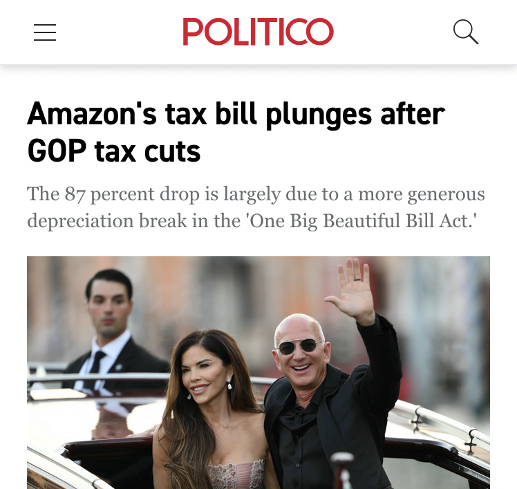Amazon got an 87% tax cut from Trump and Republicans last year.

That's billions of dollars in revenue lost for America.

And it's not even going to benefit us.

They just cut 16,000 jobs. All that money will be spent on CEO pay and stock buybacks for wealthy shareholders.

Scam.