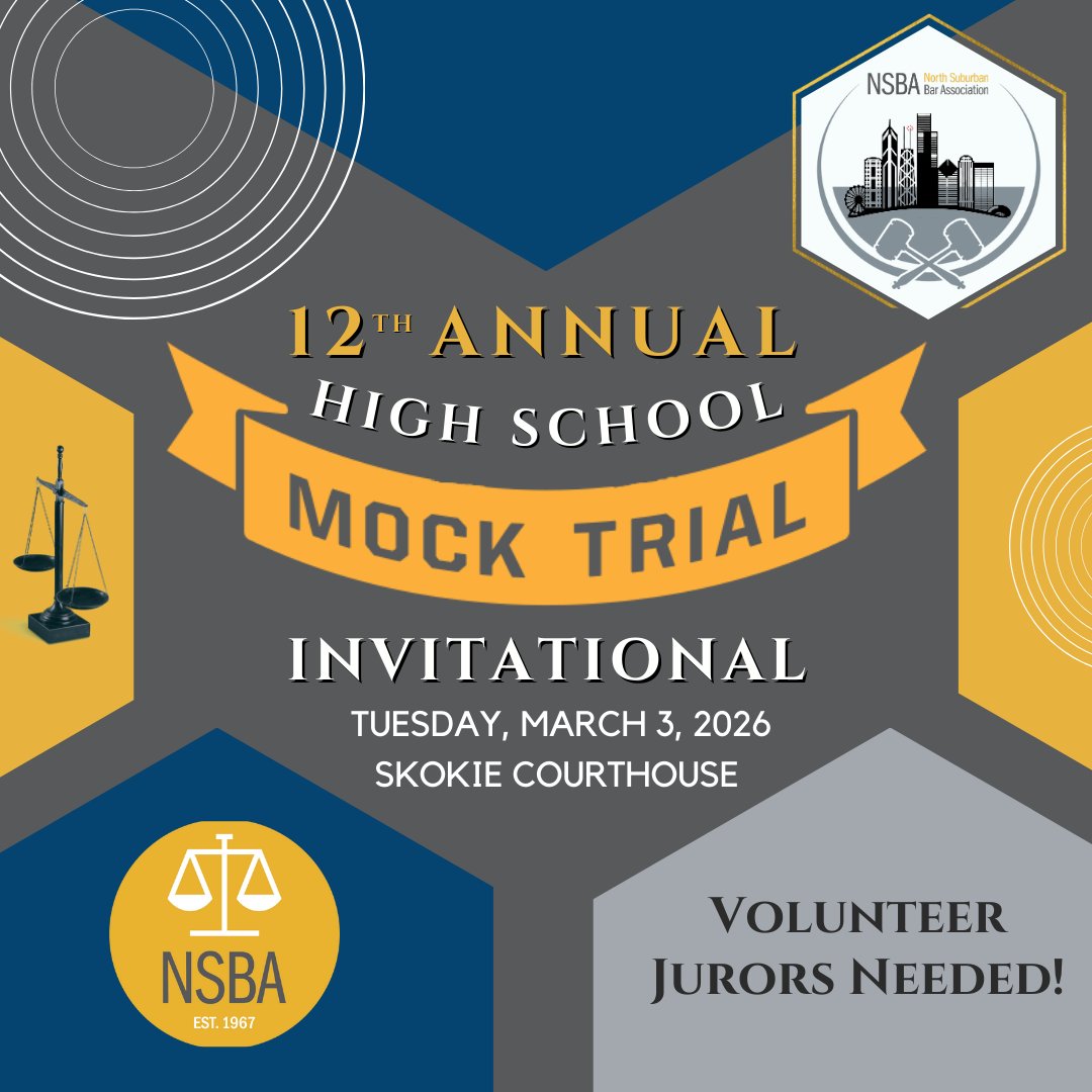ILNSBA's tweet photo. NSBA hosts its 12th Annual High School Mock Trial on Tues., March 3 at the Skokie Courthouse 🏛️ Students gain hands-on courtroom experience—and we need volunteer attorney jurors! 

⏰ 5–7 PM + awards. 
Register now: https://t.co/7Hn3UCPXsY https://t.co/DV34IDjYLq