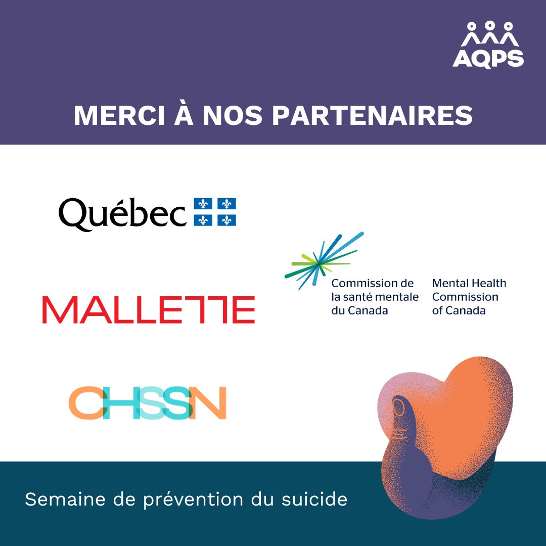 Nous souhaitons remercier nos précieux partenaires de la Semaine de prévention du suicide 2026. 🙏

Leur soutien a permis de porter le message de cette 36e édition, conduite sous le thème Tendre la main, soutenir l’espoir aux quatre coins de la province.  

#OseParlerDuSuicide