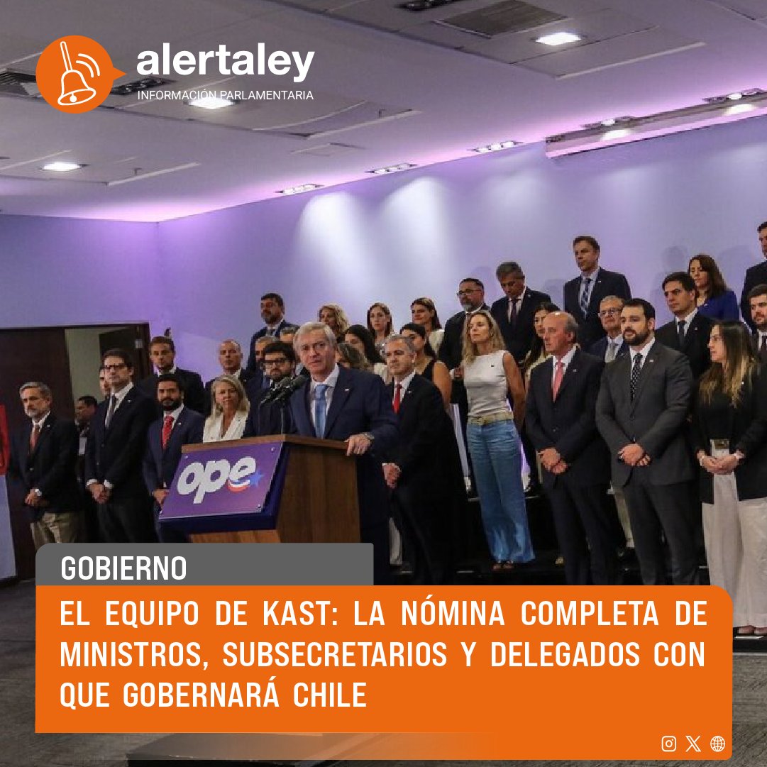 🔔El presidente electo José Antonio Kast presentó el 7 de febrero la nómina de subsecretarios y delegados presidenciales que, sumados a los ministros nominados en enero, conformarán el equipo del futuro mandatario.

alertaley.cl/el-equipo-de-k…