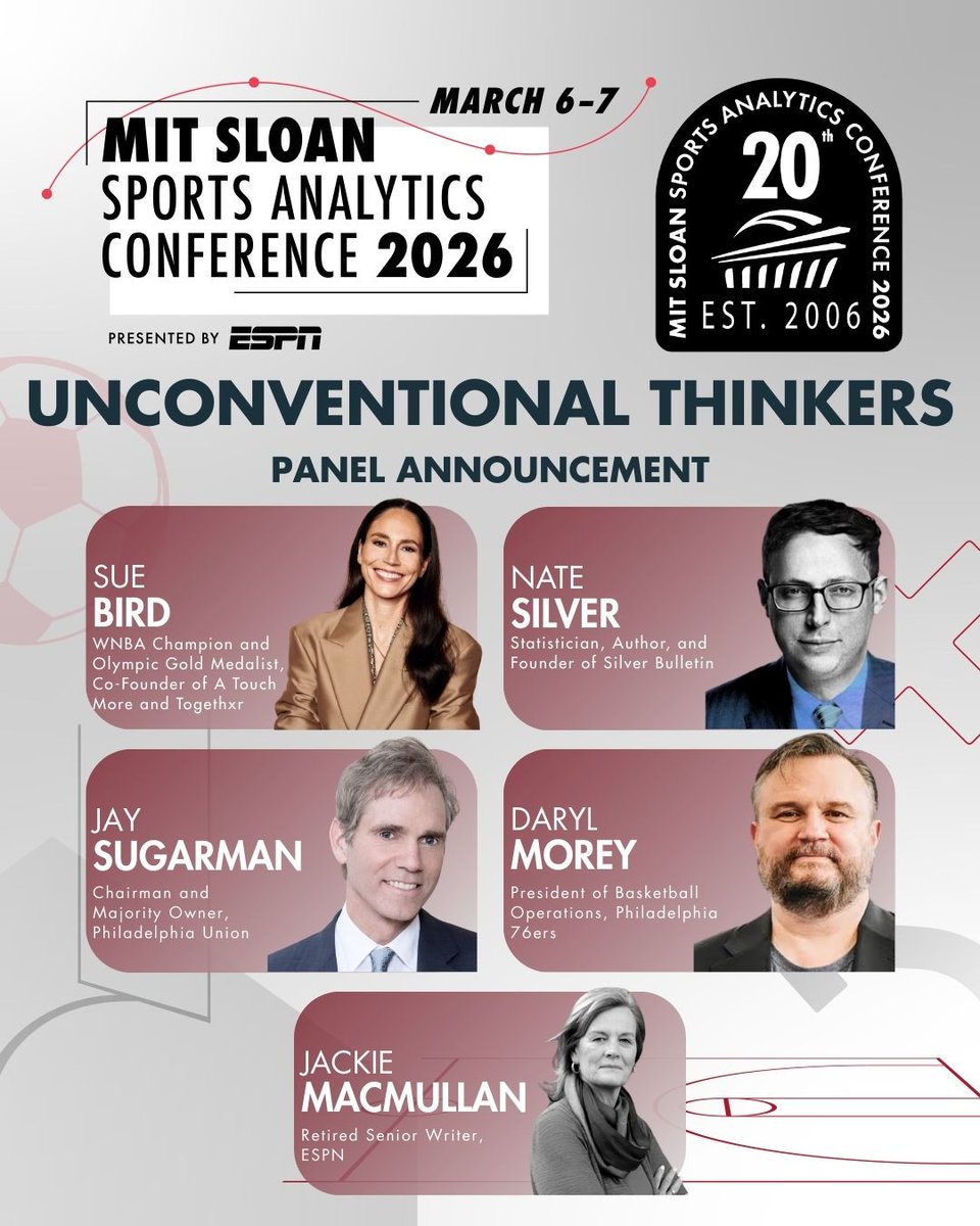 SloanSportsConf's tweet photo. SSAC26 Panel Announcement: Unconventional Thinkers
Join Daryl Morey, Jay Sugarman, Sue Bird, Nate Silver, & Jackie MacMullan for a conversation on how to challenge conventional thinking & find an edge in sports & beyond.
Tickets: https://t.co/SBmGHKS2k2
#SSAC26 #AnalyticsIsLife https://t.co/pGXYPhRTmr