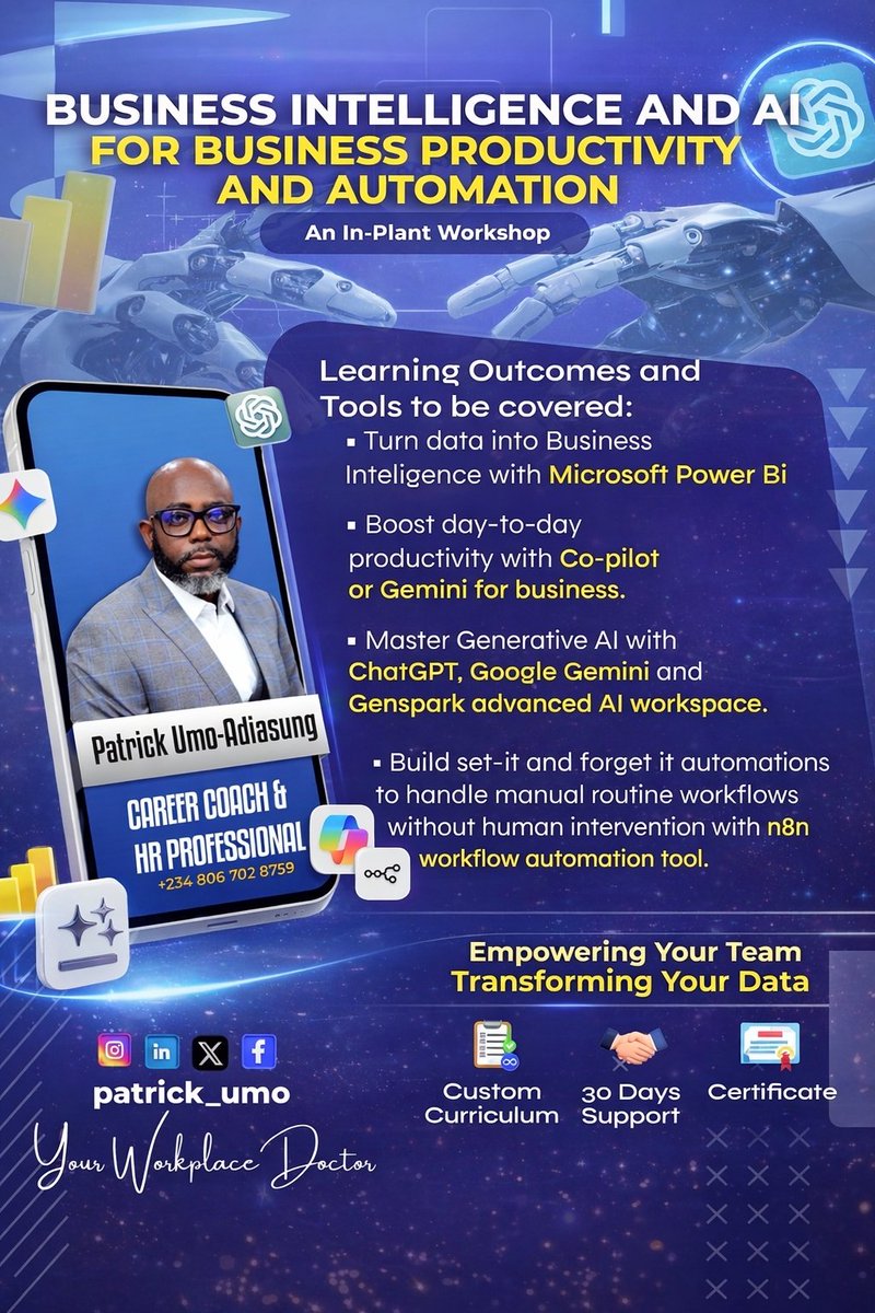 Patrick_Akam's tweet photo. 📢 New Workshop Alert!

Business Intelligence, AI for Business &amp; Workflow Automation.

* Power BI Dashboarding 📊
* Co-pilot for Office 365 🤖
* Task Automation with n8n ⚡
* Generative and Agentic AI with Chat GPT, Google Gemini &amp; Genspark Advanced AI Workspace 📈🤖 https://t.co/kutcjbSCwt
