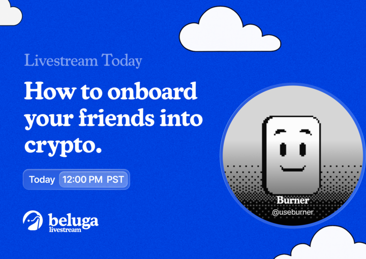 Livestream TODAY with <a href="/useburner/">Burner</a> 

We'll be discussing onboarding your friends to crypto.

When: 12PM PST (3PM EST) 
Where: LIVE on X