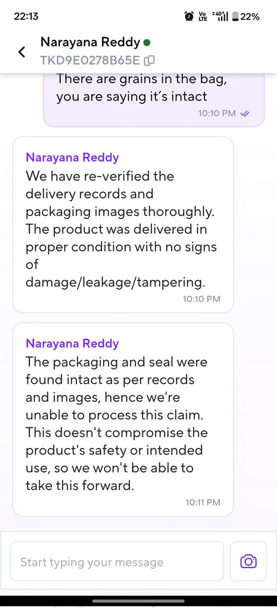 atharvathite's tweet photo. @ZeptoNow @zeptocares 

Ordered this packet for zepto, and it has a broken edge.
There are rice grains spilled outside the packet.

When complained about it, the zepto response was utter disbelief.

Is this how long standing customers are handled. https://t.co/0pCqZC7ReS