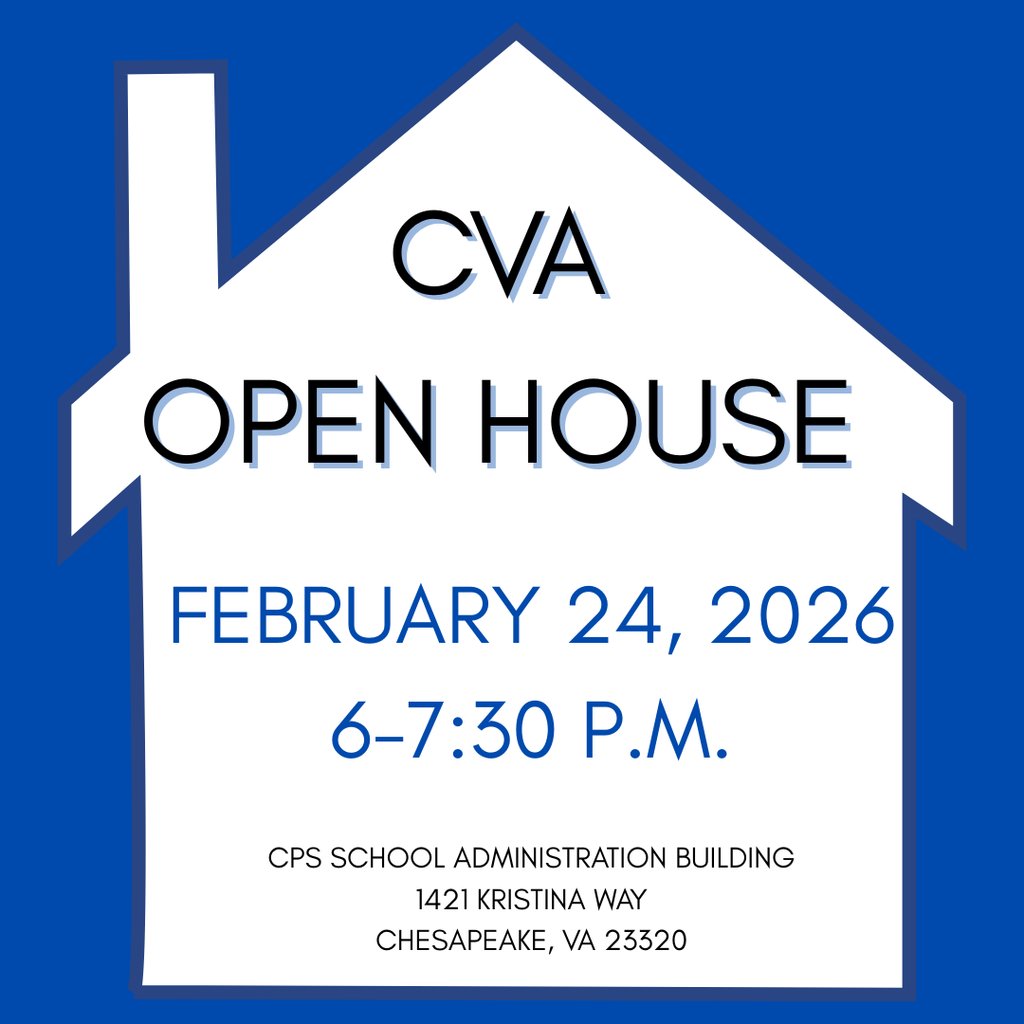 ChesVirtualAcad's tweet photo. The CVA Open House is on February 24 from 6-7:30 p.m. at 1421 Kristina Way in Chesapeake.  Come meet CVA teachers, learn about the K-12 online learning  program expectations,requirements for enrollment &amp; more! No RSVP required. We look forward to seeing you there! #CPSCHOOLSVA https://t.co/l3Zood8vxM