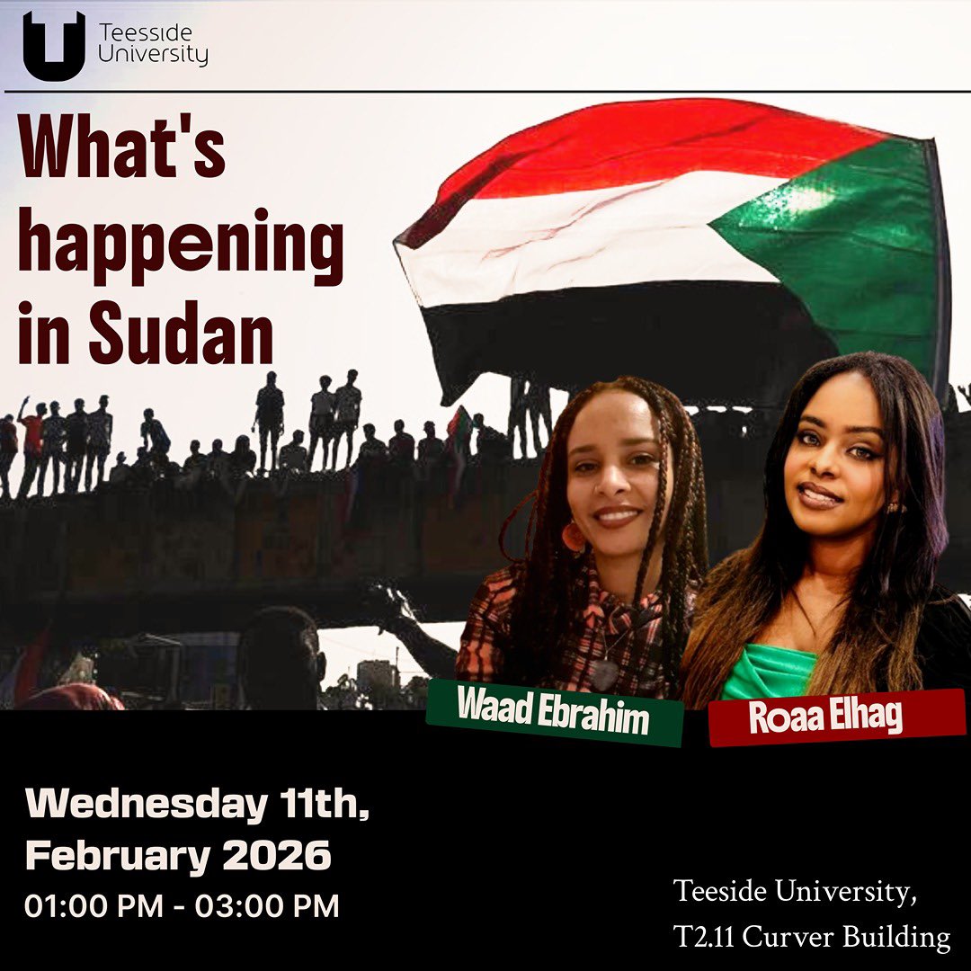 Roaarabi2's tweet image. Tomorrow, I will deliver a lecture on the current situation in Sudan at #Teesside uni alongside fellow human rights activist Waad Bahgat. I will examine the media's influence on the conflict and why the world's largest humanitarian crisis continues to receive inadequate coverage.