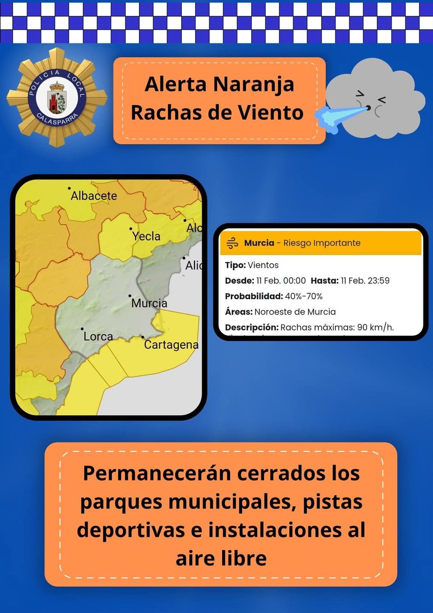 Mañana miércoles día 11 alerta naranja por rachas de viento ⚠️

Las instalaciones deportivas permanecerán cerradas (excepto las cubiertas) y se suspenden las actividades al aire libre.

#DeportesCalasparra