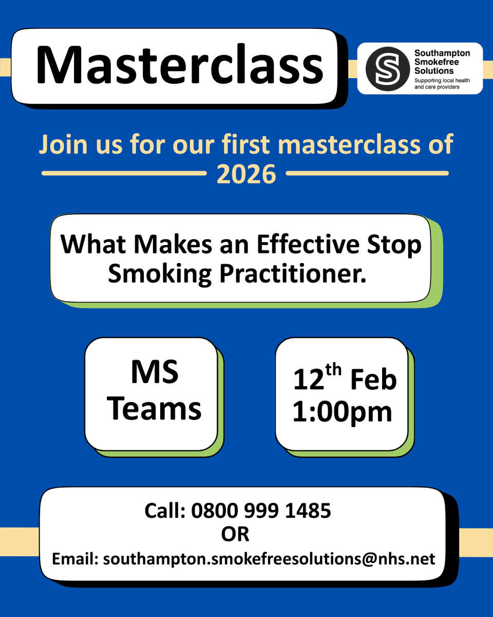 📢Our first masterclass of 2026 is Thursday 12th February via Teams at 1pm. Come along, it would great to have your input on What Makes an Effective Stop Smoking Practitioner. 

☎️ Call: 0800 999 1485
📧 Email: southampton.smokefreesolutions@nhs.net

#stopsmoking #training