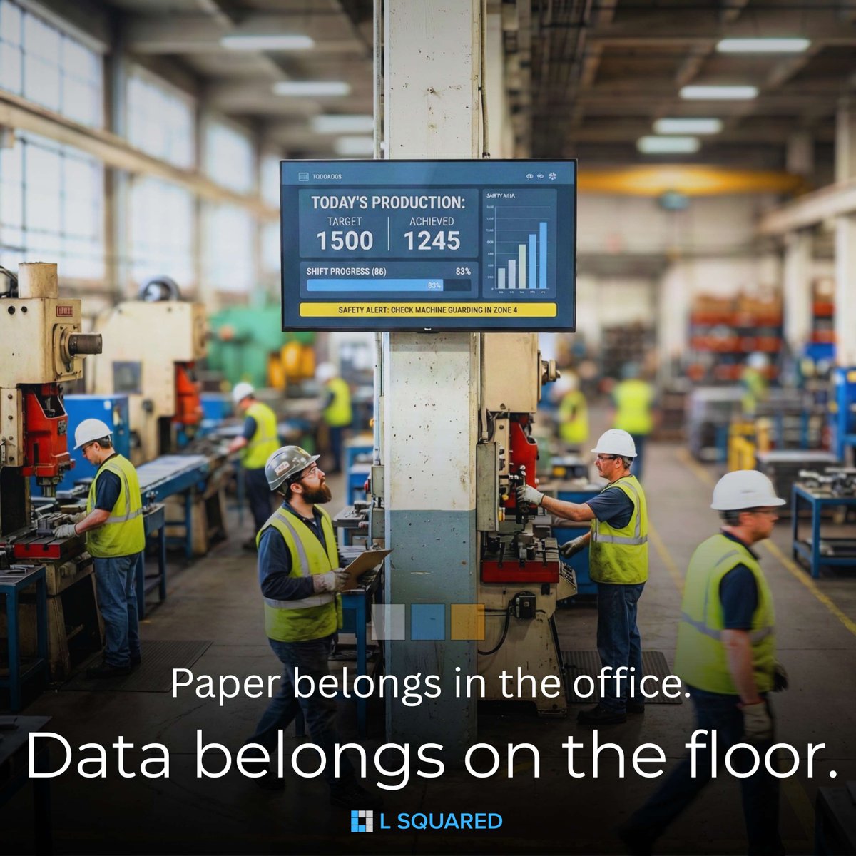 LSquaredDigital's tweet image. We hate “Synergistic Industrial Connectivity.”
We prefer: “Your team actually sees production targets.”

Digital signage in manufacturing kills the 20-minute walk to check schedules and makes safety alerts hard to miss.

L Squared: Reliable software for factory floors.