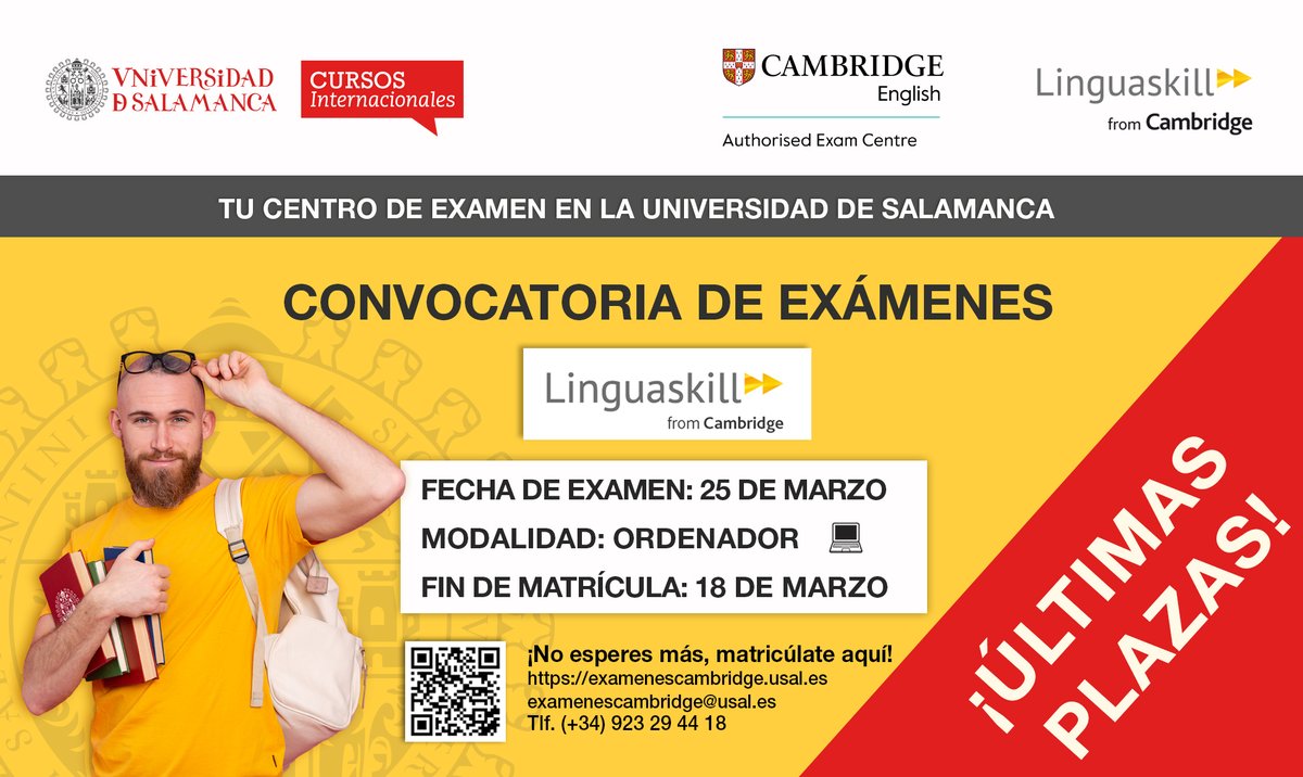 ciusalexams's tweet photo. 🚨 ¡ÚLTIMAS PLAZAS DISPONIBLES! 🚨
Certifica tu nivel de inglés con Linguaskill from Cambridge en la @usal .
📅 Examen: 25 de marzo
📝 Fin de matrícula: 18 de marzo
💻 Modalidad: ordenador
👉 No te quedes fuera:
https://t.co/00I9Gh39Kl
#Linguaskill #usal #CambridgeEnglish https://t.co/JmnlYnmCXQ