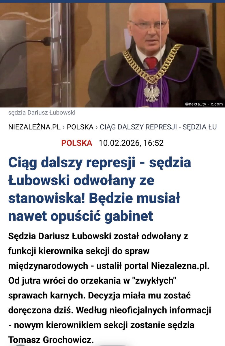 Czyli tak: zasłużony, doświadczony, apolityczny sędzia Łubowski wydał JEDNO orzeczenie nie po myśli władzy – i natychmiast (zgodnie z zapowiedzią ministra-prokuratora  <a href="/w_zurek/">Waldemar Żurek</a>) zostaje odsunięty od orzekania w sprawach, którymi zajmował się od lat.

Elegancko. Praworządnie.