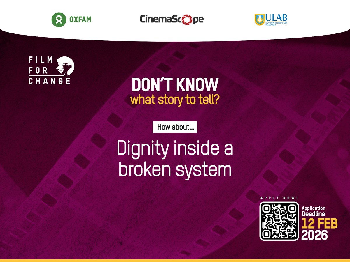 FilmFor70260's tweet photo. Need inspiration?
Dive into these story prompts and let your narrative unfold.
Apply now : https://t.co/OOEhcKyiKW 
Deadline: 12 February

#FilmForChange #CinemaScope #OxfamBangladesh #StudentFilmmakers #SocialImpactCinema https://t.co/AunDKVY2bU